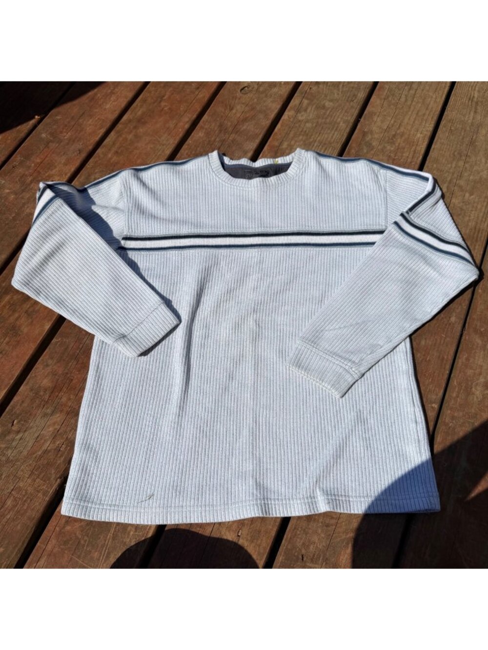Striped Ribbed Long Sleeve Shirt Mens L XG White Gray Casual Crewneck
